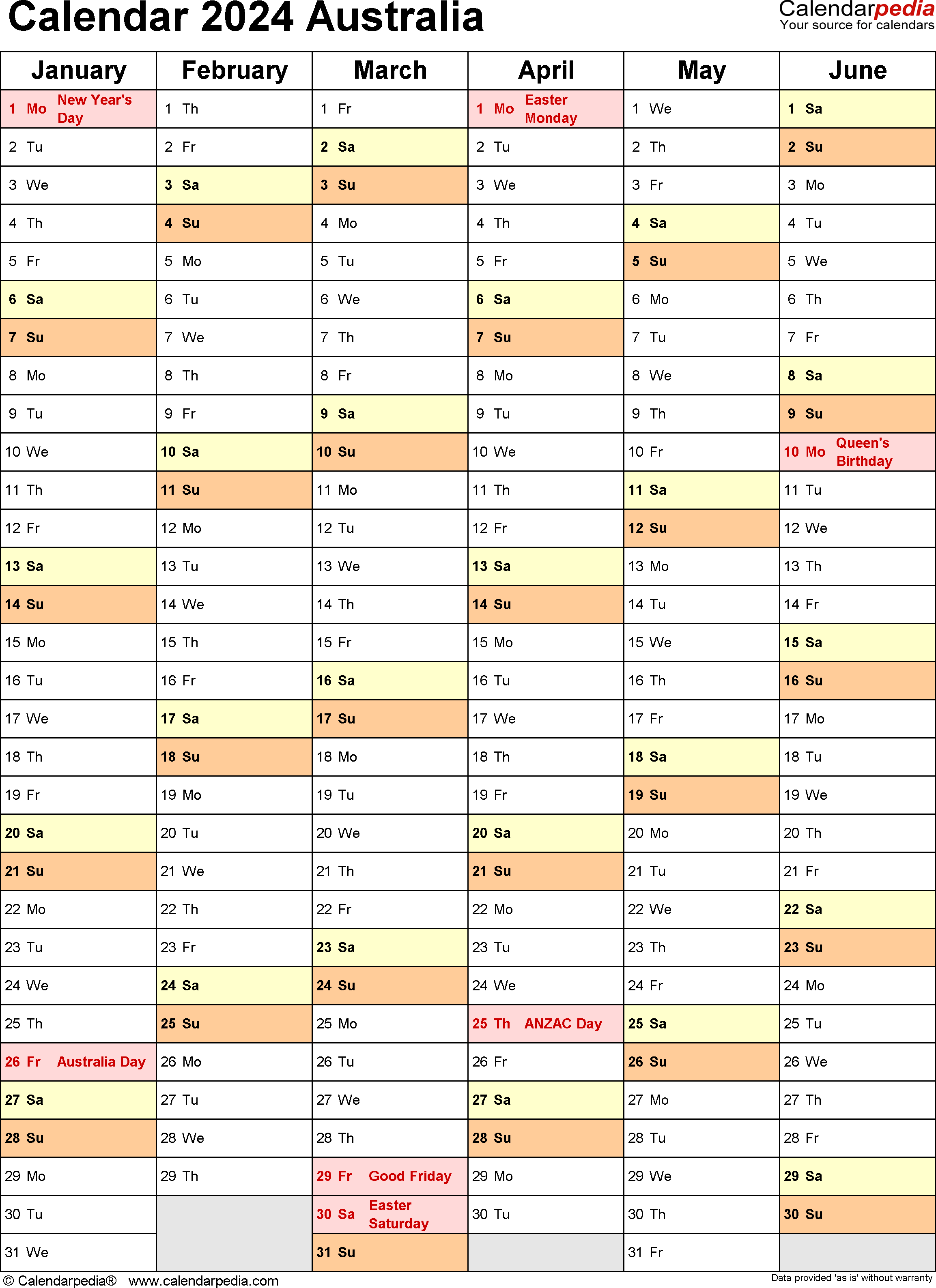 2024 Australia Annual Calendar With Holidays Free Printable Templates