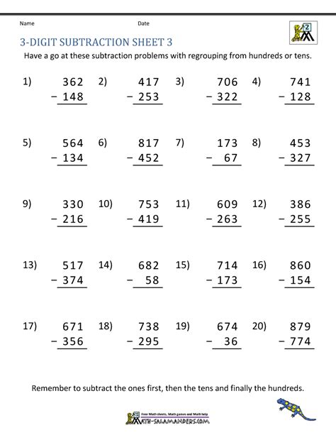 3 Digit Subtraction Worksheets