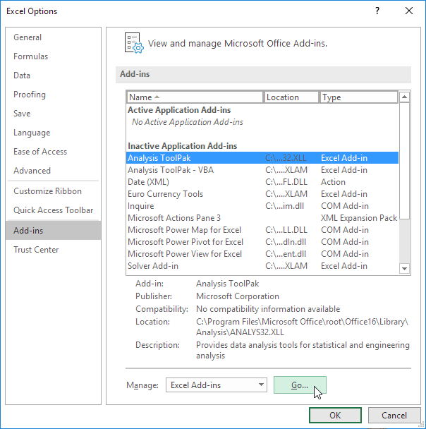 Activating The Data Analysis Toolpak Add In In Excel Youtube