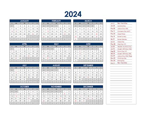 Australia 2024 Workdays Calendar Excel Template