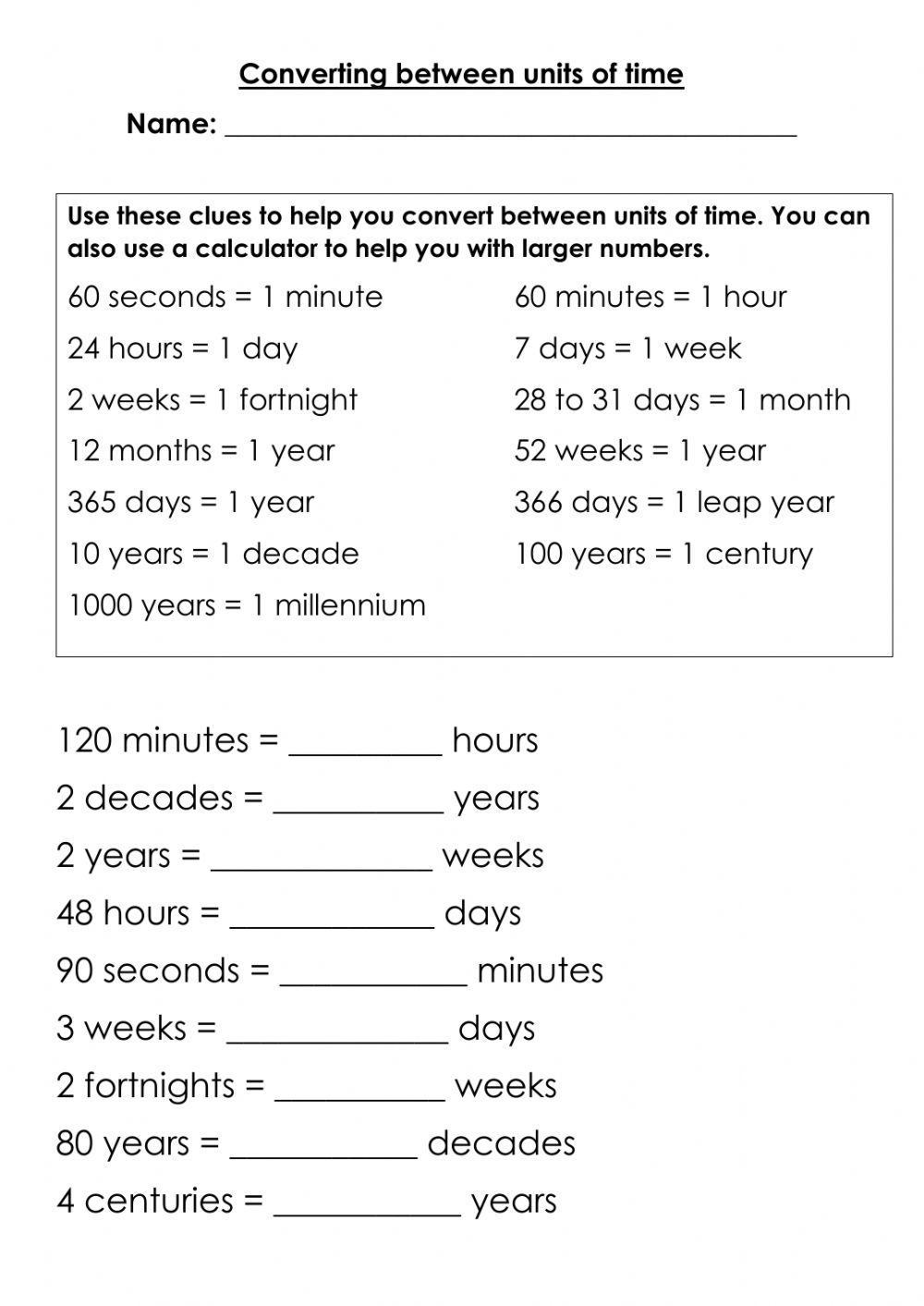 Converting Time Worksheets