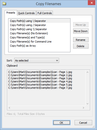 Extrabits Copy File Names Commands