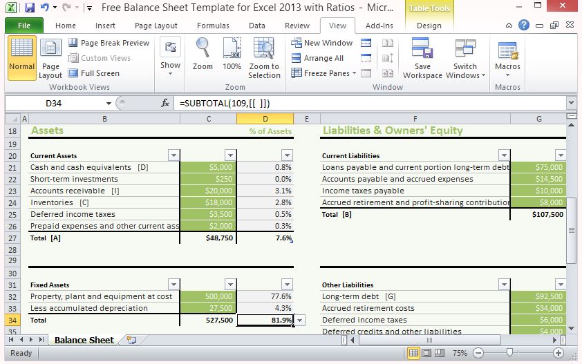 Free Balance Sheet Template For Excel 2013 With Ratios