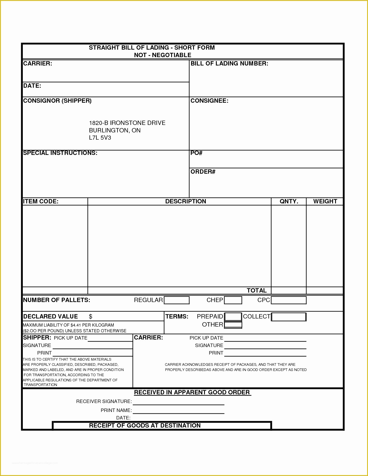 Free Bill Of Lading Form Template For Excel