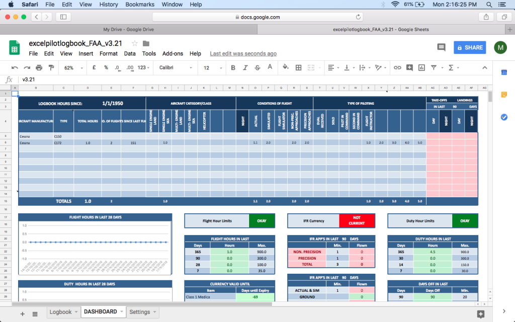 Google Sheets Pilot Logbook Excel Pilot Logbook