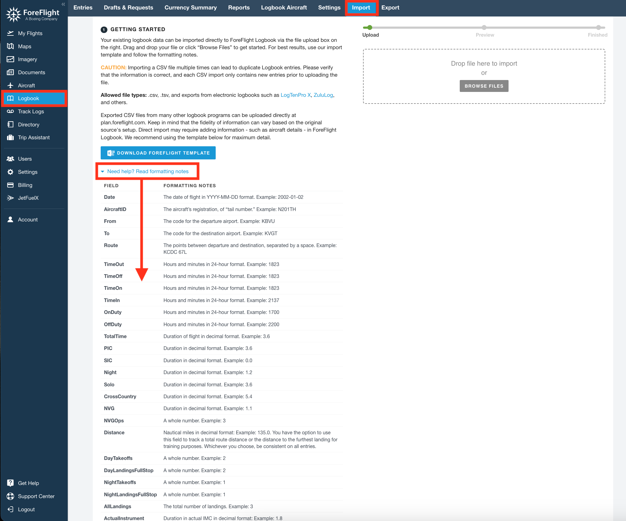 How Do I Transfer My Logbook Which Is In A Spreadsheet Into The Foreflight Logbook Template