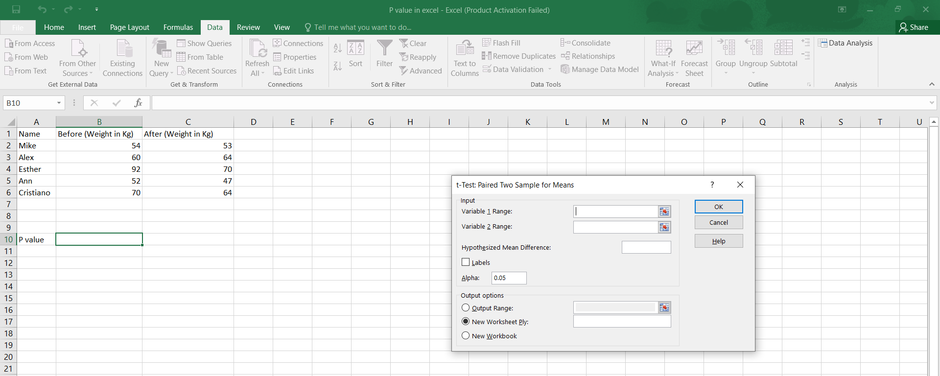 Calculate P Value in Excel