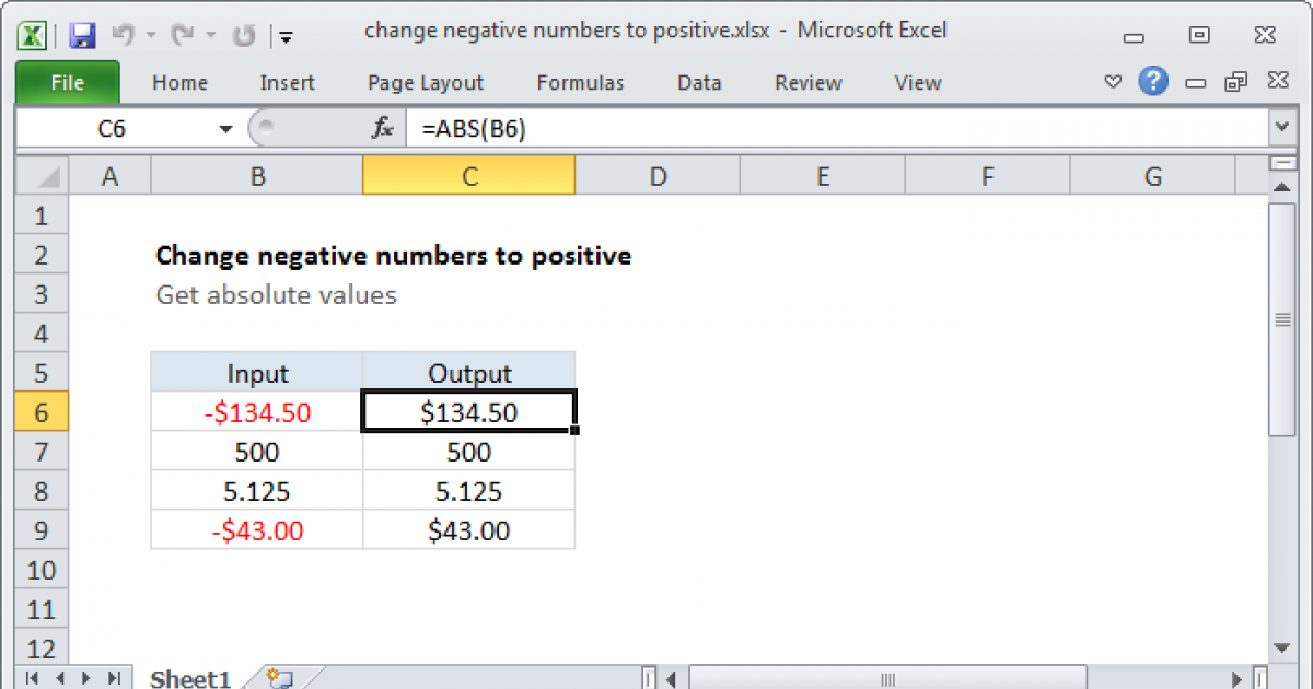 Change Negative to Positive in Excel