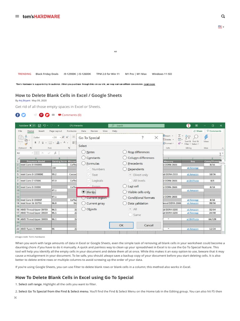 How To Delete Blank Cells In Excel Google Sheets Tom S Hardware