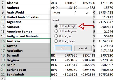 Shift Cells Right In Excel