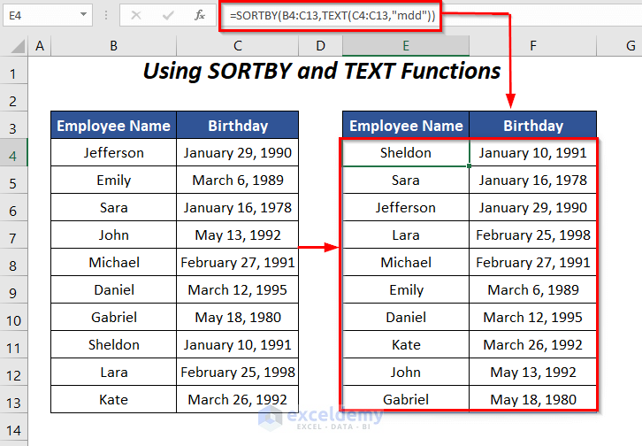 How To Sort Birthdays Dates By Month Year Day Only In Excel