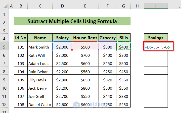 How To Subtract Multiple Cells In Excel 6 Effective Methods Exceldemy