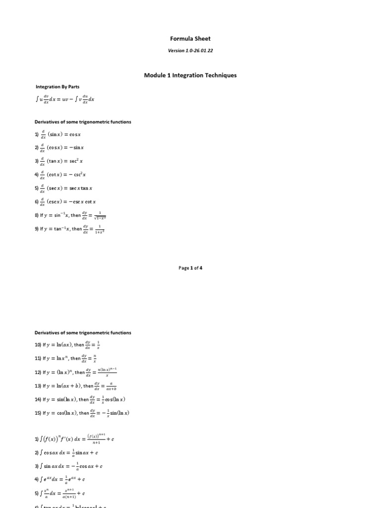 Integral Formula Sheet