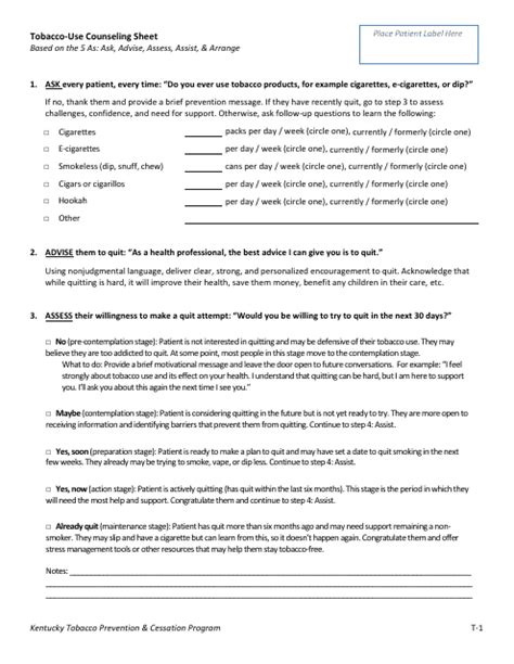 Kentucky Tobacco Use Counseling Sheet Kentucky Tobacco Prevention