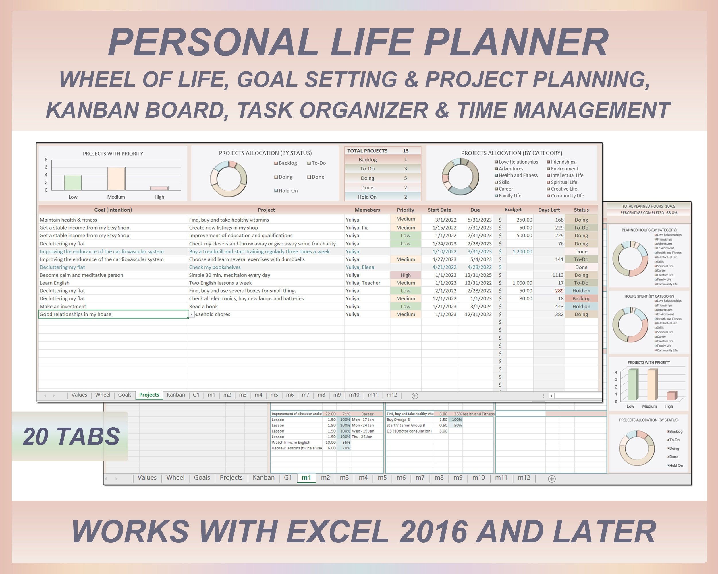 Life Planner Excel Goal Setting Project Planner Template Kanban Board Task Tracker