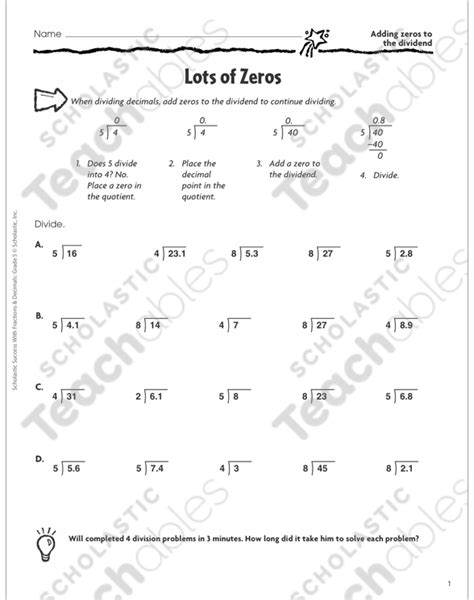 Lots Of Zeros Adding Zeros To The Dividend Printable Skills Sheets