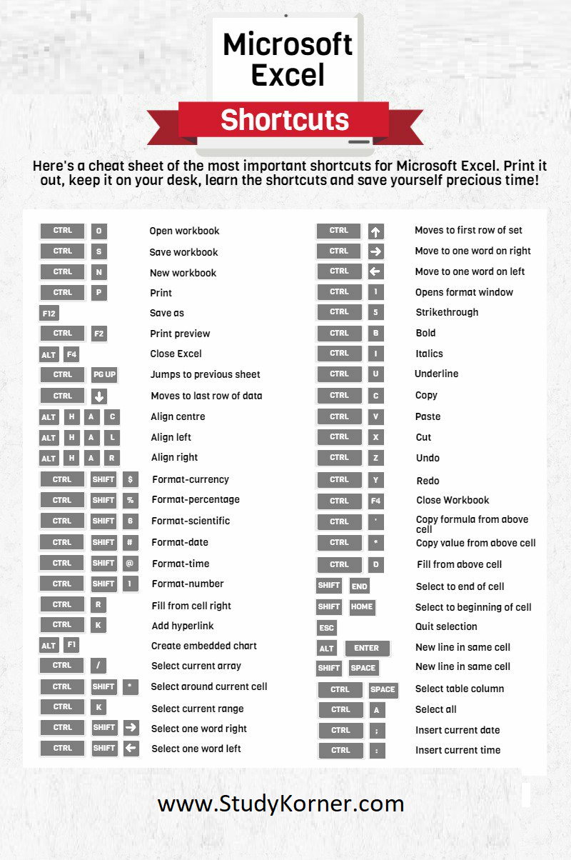 Microsoft Excel Shortcuts Cheat Sheet Studypk