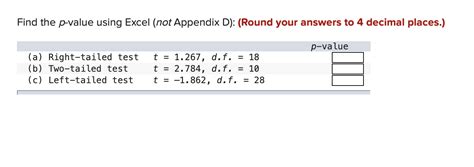 Solved Find The P Value Using Excel Not Appendix D Round Your