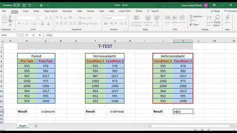 T Test In Microsoft Excel Youtube